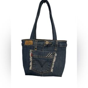 Handmade denim with pockets shoulder bag tote upcycle jeans